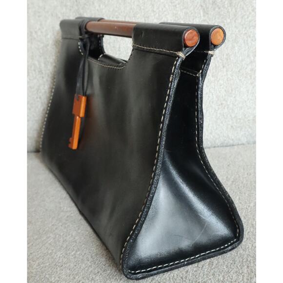 Vintage 90s Y2K Fossil Black Leather Clutch Bag Wooden Handles Key Wood Boho - Picture 3 of 6